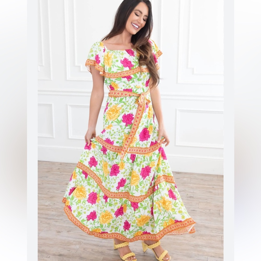 fab’rik Off The Shoulder Maxi floral Dress Women’s L tiered